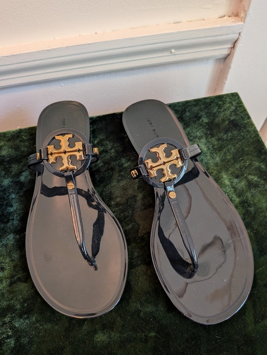 Tory Burch Shoes - Tory Burch Black Mini Miller Jelly Sandals with Gold Logo - Size 7